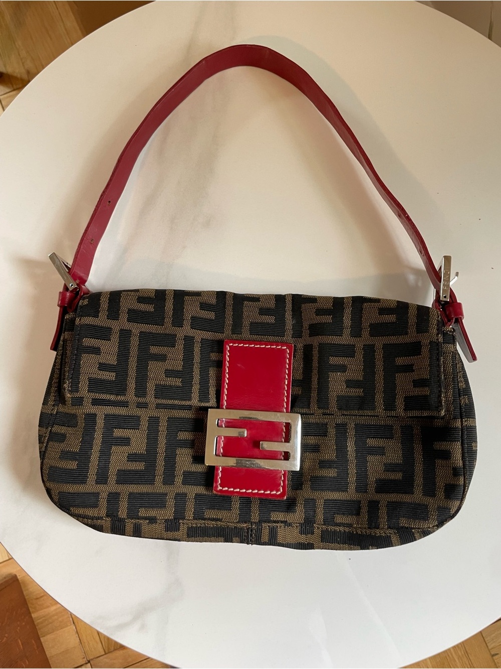 Fendi Zucca Baguette Brown Monogram Red Leather Shoulder Bag Authenticated - Picture 7 of 13